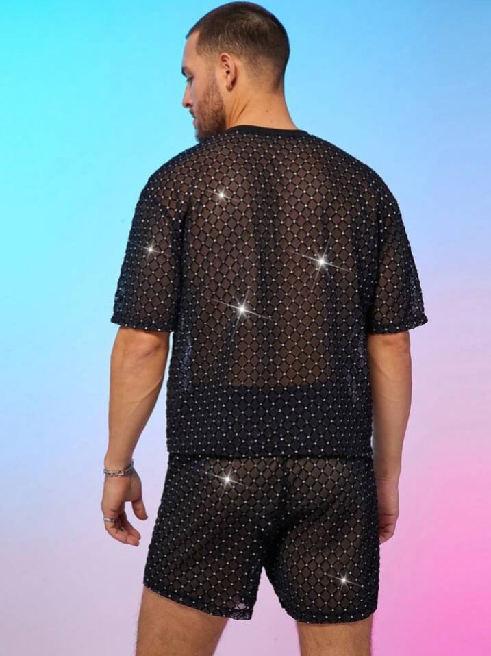 NIGHT-RIDER  Men's Polyester/Plant Fiber Checkered Loose Knit T-shirt & Short Set